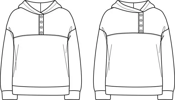 Vector illustration of Vector woman sweatshirt fashion CAD, long sleeved hooded sweatshirt with buttons technical drawing, template, sketch, flat. Fleece or woven fabric sweatshirt with front, back view, white color