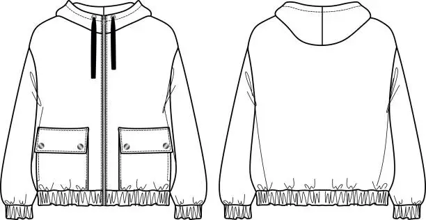 Vector illustration of Vector woman sweatshirt fashion CAD, long sleeved hooded sweatshirt with zip in front technical drawing, template, sketch, flat. Fleece or woven fabric sweatshirt with front, back view, white color
