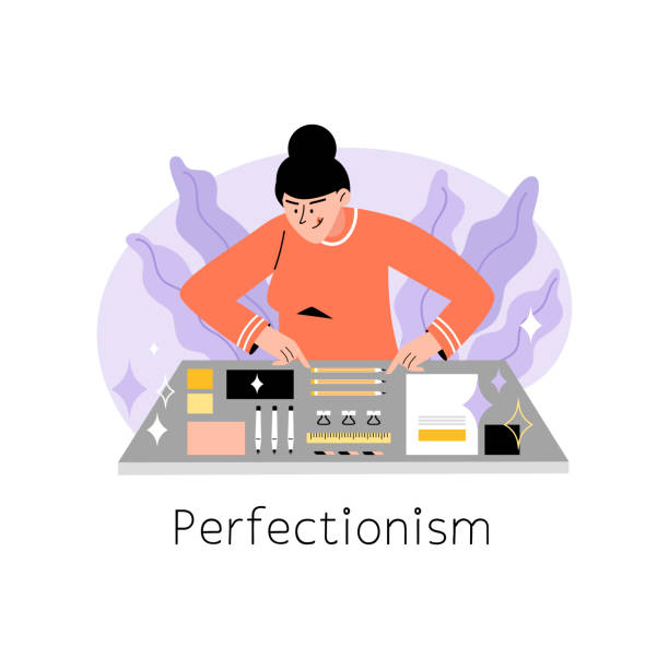 perfektionistische frau mit ocd arrangiert elemente auf dem tisch, flache vektorillustration isoliert auf weißem hintergrund. - perfection stock-grafiken, -clipart, -cartoons und -symbole