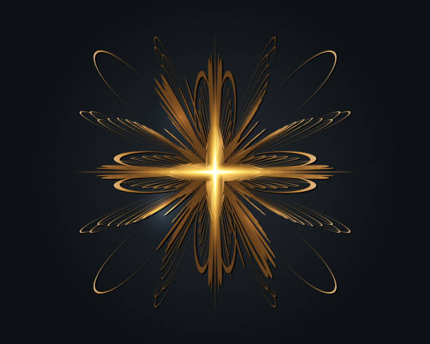 光の神聖な十字架、キリスト教の古代の金色のフレームのシンボルを持つ光沢のある十字架。花の装飾 希望と信仰の象徴。黒い背景に分離されたベクターイラストレーション - cross cross shape shiny gold点のイラスト素材／クリップアート素材／マンガ素材／アイコン素材