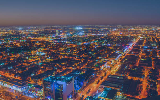 Kingdom of Saudi Arabia Landscape at night - Riyadh Tower Kingdom Center - Kingdom Tower - Riyadh skyline - Riyadh at night stock photo