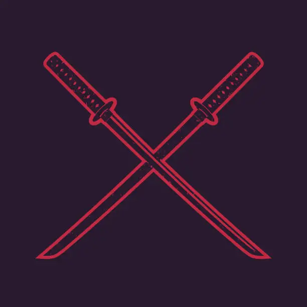 Vector illustration of crossed traditional japanese swords, katana, with red outline