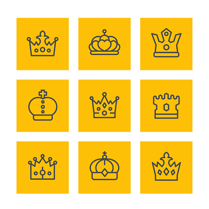 crowns line icons set, royalty, king, monarch, sovereign, tzar, queen symbols