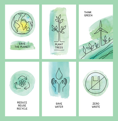 Environmental conservation templates with green watercolour brush strokes and copy space. Editable vectors on layers.