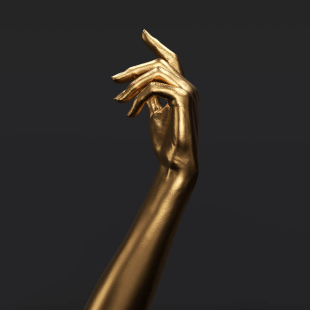 istock 3d rendering abstract touching golden arm. Beautiful female gold hand relaxed gesture 1410333767