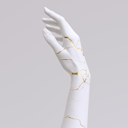 Abstract art hand gesture sculpture with gold texture 3d rendering creative concept