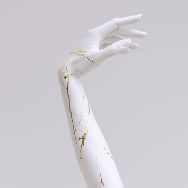 istock Abstract art hand gesture sculpture with gold texture 3d rendering creative concept 1410333985