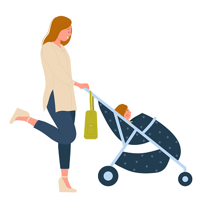 Young mother walking with baby stroller