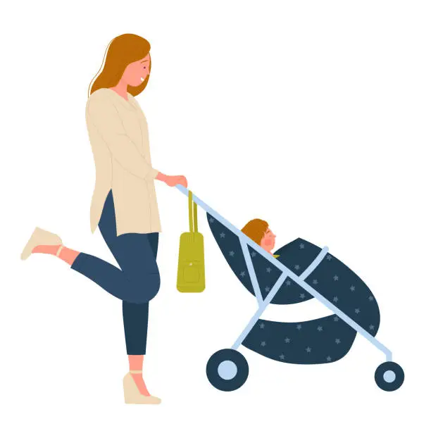 Vector illustration of Young mother walking with baby stroller