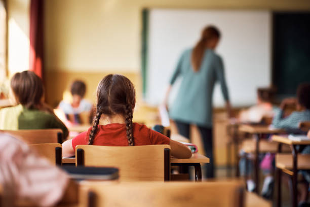 vista trasera de una niña que asiste a una clase en la escuela primaria. - niño de primaria fotografías e imágenes de stock