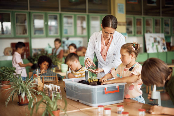 Female teacher and group of elementary students during plant science lesson at school.