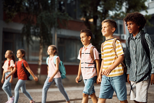 Happy schoolboys going to a class and walking together in the schoolyard.