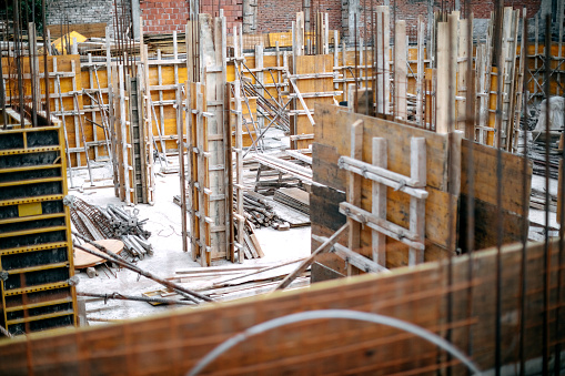 Construction site, crane and Blueprints