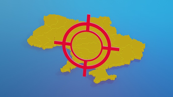 3D rendering. Map of Ukraine on which target for shelling is pointed. Concept of war in Ukraine and constant firing of missiles.