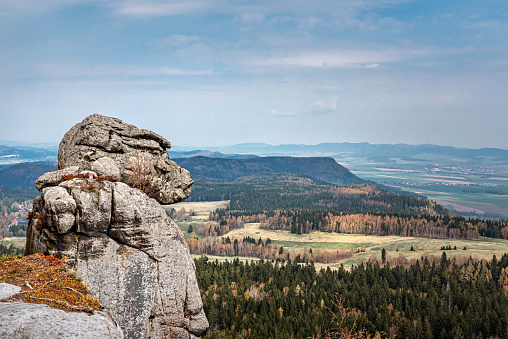 Monkey or Ape Man Rock Formation on Szczeliniec Wielki, national park in Stolowe Mountains (Table Mountains), Sudety