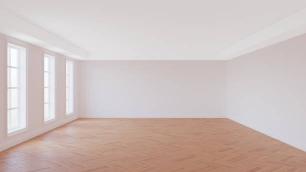 istock Room with White Walls, Ceiling and Cornice, Three Large Windows, Glossy Parquet 1410343520