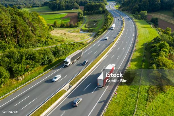 Multiple Lane Highway With Trucks And Cars From Above Stock Photo - Download Image Now