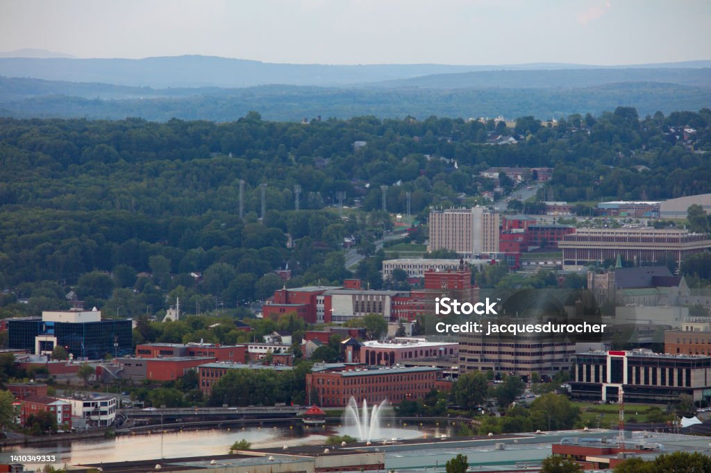 Sherbrooke downtown landscape small city in Quebec, Canada, Estrie Sherbrooke city landscape Quebec Canada Estrie downtown river and buildings Architecture Stock Photo