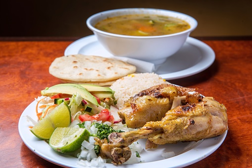 Studio shot of El Salvadorian chicken soup (sopa salvadoreña)