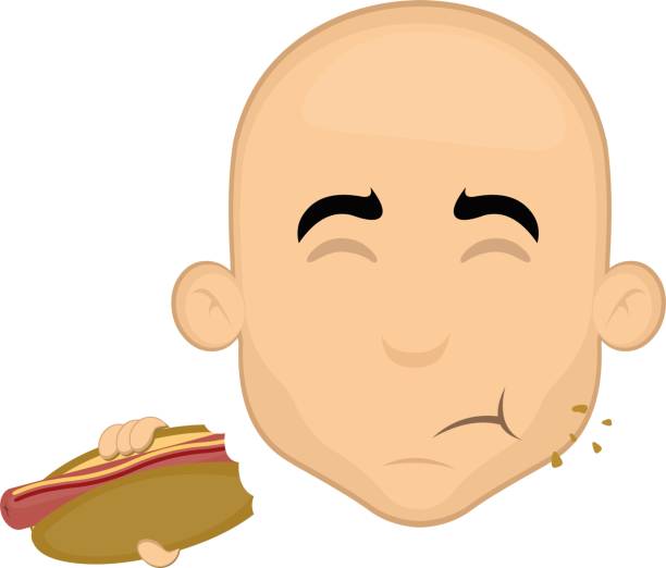 vector head bald man cartoon eating hotdog Vector illustration of the face of a cartoon bald man eating and savoring a hot dog bald head island stock illustrations