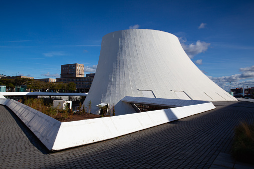 Le Havre, France - October 13, 2021: Oscar Neimeyer in the centre of Le Havre is dominated by the white Le volcan building designed by architect Oscar Neimeyer