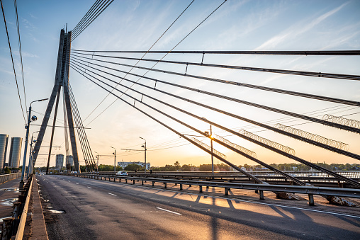 Vansu bridge over Daugava river at sunset in Riga, Latvia