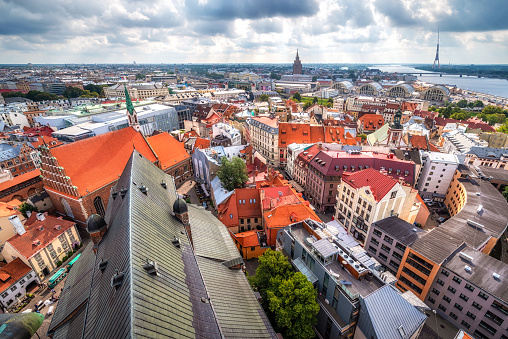 A view over the old town of Riga, Latvia, with the Daugava River in the background.