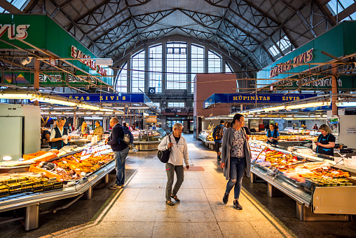 Riga, Latvia - August 7, 2019: The Central Market is renowned for of its pavilions which since the 1920s have been a striking landmark of the city and are an important architectural site.