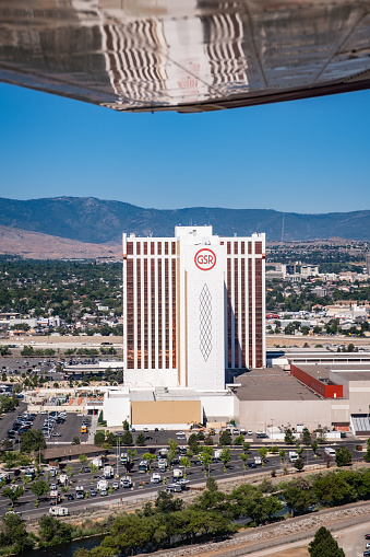 The Grand Sierra Resort (GSR) viewed from a small plane on final approach to Reno-Tahoe International Airport.