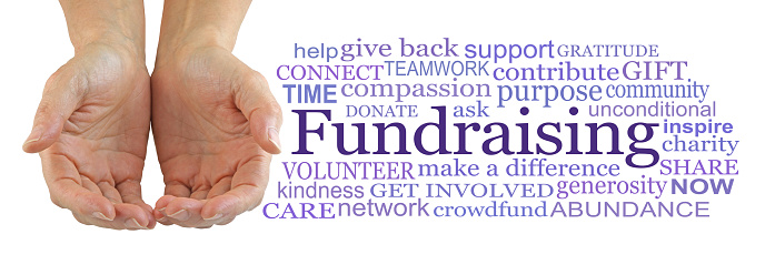 female cupped hands beside a FUNDRAISING word cloud against a white background