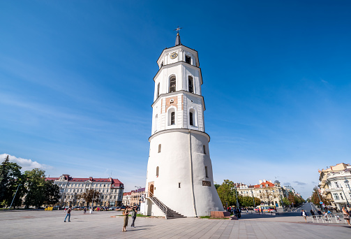 Vilnius, Lithuania - August 10, 2019: Bell Tower of Vilnius Cathedral in the morning