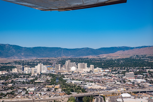 Downtown Reno viewed from a small plane on final approach to Reno-Tahoe International Airport.