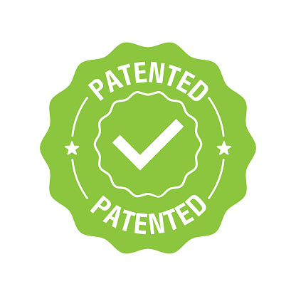 Patented label or sticker. Patent stamp badge icon vector, successfully patented licensed label isolated tag with check mark. Vector illustration
