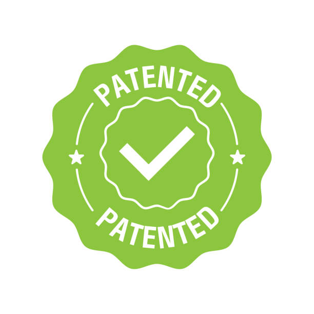Patented label or sticker. Patent stamp badge icon vector, successfully patented licensed label isolated tag with check mark. Vector Patented label or sticker. Patent stamp badge icon vector, successfully patented licensed label isolated tag with check mark. Vector illustration design patent stock illustrations