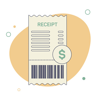 Receipt icon in a flat style isolated on a colored background. Invoice sign. Bill atm template or restaurant paper financial check. Concept paper receipts icons. Vector illustration