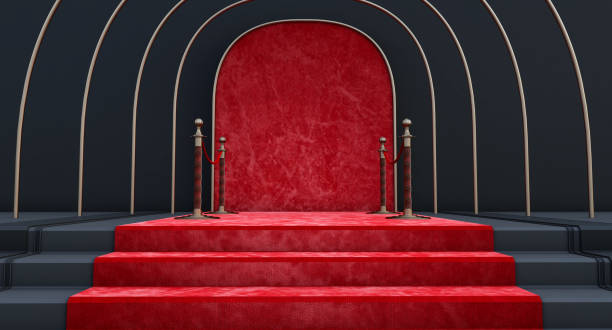 escadaria com tapete vermelho e barreiras no final, escadaria luxuosa - carpet red nobility rope - fotografias e filmes do acervo