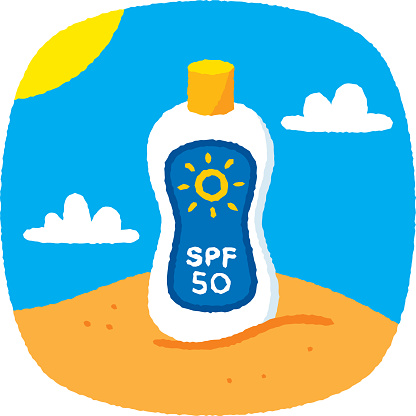 Vector illustration of a hand drawn bottle of suntan lotion in the sand with textured effect.