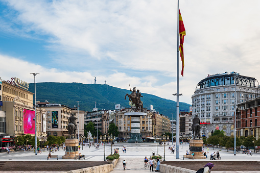Skopje, Macedonia - June 2022: Alexander the Great Makedonski monument and the view of the Macedonian Square in Skopje, North Macedonia
