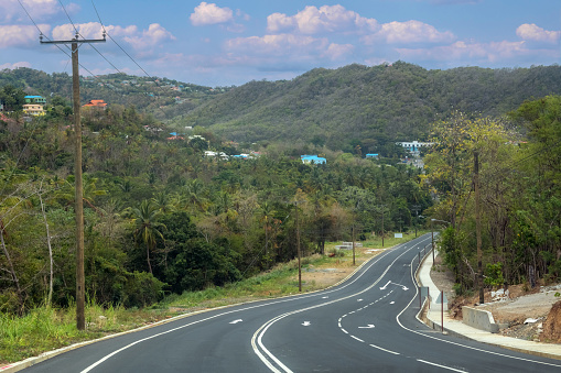 A nice tropical landscape with modern road on the island of Saint Lucia.