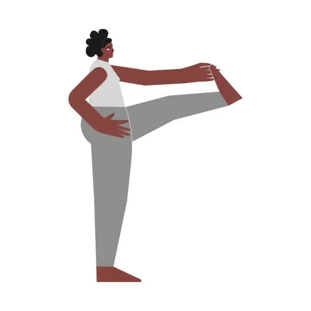 Vector illustration of Vector illustration with Female character. African american woman learns stretching posture and does extended hand to big toe pose at yoga class. Balancing exercise - Utthita Hasta Padangustas