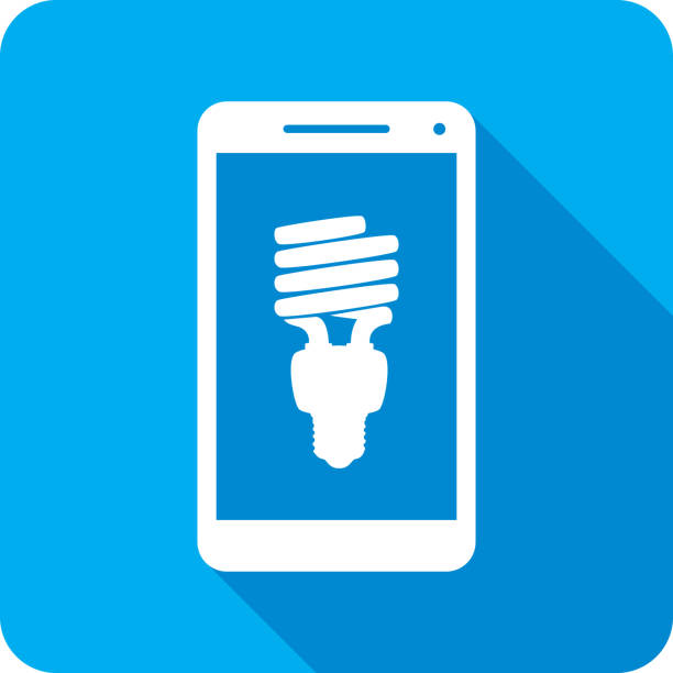 ilustraciones, imágenes clip art, dibujos animados e iconos de stock de bombilla de bajo consumo smartphone icon silhouette - fluorescent light resourceful energy fuel and power generation