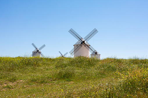 Historic whitewashed windmills in Campo de Criptana, Ciudad Real, Spain