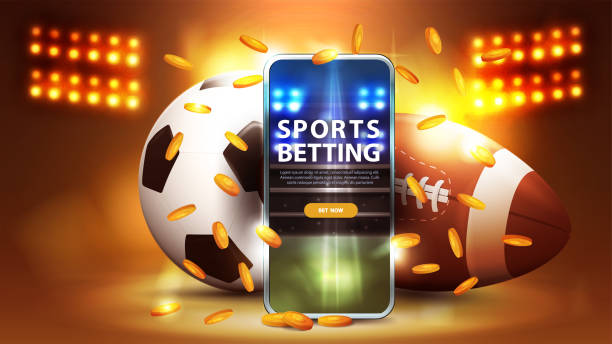 Sports betting, yellow banner for website with smartphone and football balls in gold stadium arena with spotlights Sports betting, yellow banner for website with smartphone and football balls in gold stadium arena with spotlights sports betting stock illustrations