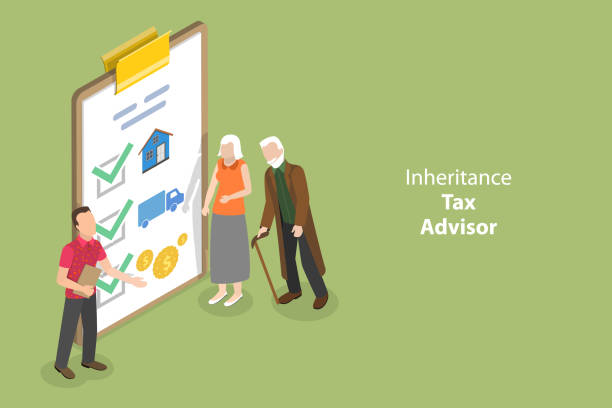 3D Isometric Flat Vector Conceptual Illustration of Inheritance Tax Advisor 3D Isometric Flat Vector Conceptual Illustration of Inheritance Tax Advisor, Testament Signing estate planning documents checklist stock illustrations
