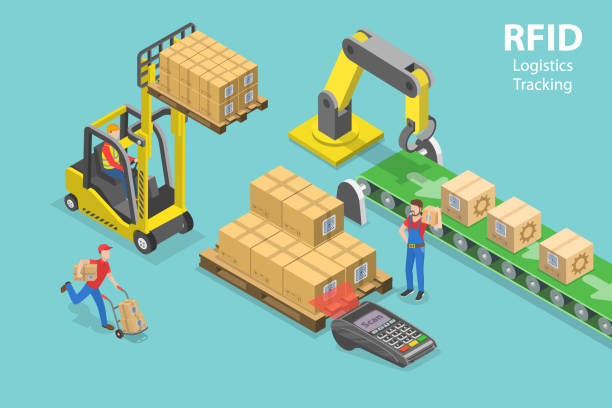 3D Isometric Flat Vector Conceptual Illustration of RFID Logistics Tracking 3D Isometric Flat Vector Conceptual Illustration of RFID Logistics Tracking, Automated Storage Service traceability stock illustrations