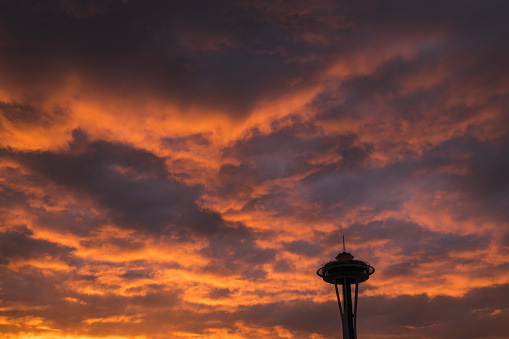 Seattle, USA - Jul 6, 2022: The Space Needle with a vivid sunset.
