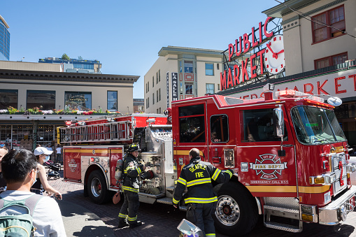 Seattle, USA - Jul 20, 2022: Seattle Fire at Pike Place Market during an emergency call.