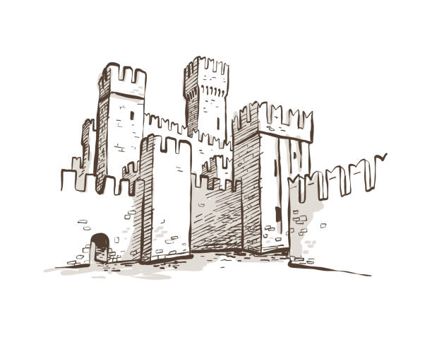 中世イタリアの城のスケッチ - sepia toned illustrations点のイラスト素材／クリップアート素材／マンガ素材／アイコン素材