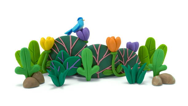 tropical plants and flowers exotic. jungle plasticine art icon set. exotic leaves and flowers made of plasticine. 3d artwork - modeling clay imagens e fotografias de stock