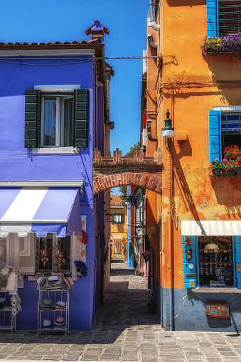Brightly multi coloured houses in Burano, Italy. Famous island nearby Venice, Italy